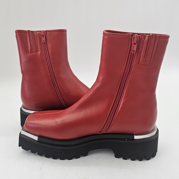 Jeffrey Campbell Devout Red Leather Chunky Lug Sole Platform Ankle Boots SIZE 6 - Picture 11 of 11
